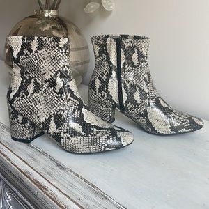 Round toe, snake skin booties. NEVER WORN